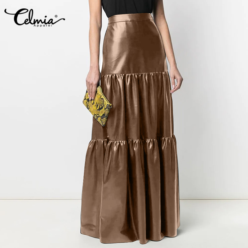 2022 Celmia Autumn Women PU Leather Skirts Fashion Solid Office Casual Maxi Skirt Party Cake High Waist Elegant Long Bottoms alx