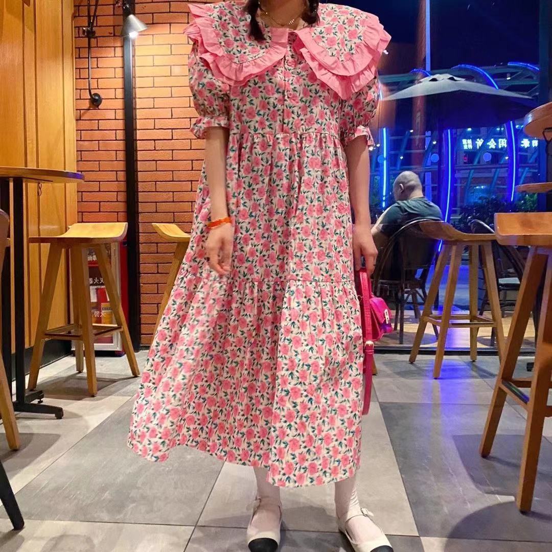 Summer Women Fashion Print Peter Pan Collar Vintage Flowers Print Long Dress Puff Sleeve Loose Maxi Cotton Dress Floral Clothes alx