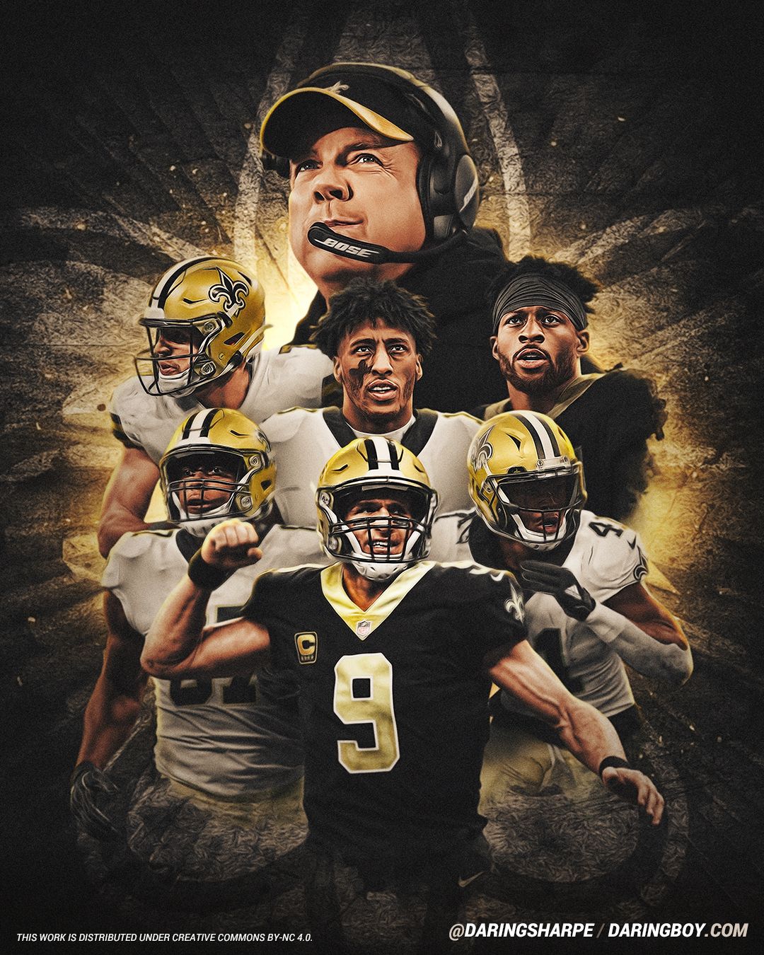 New Orleans Saints Sean Payton Brees #9 Cook #87 Thomas #13 Kamara #41 Sanders #17 Hill #7 Poster For Fans poster canvas