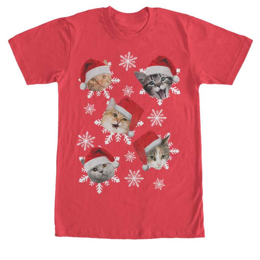 Lost Gods Men’s Ugly Christmas Cat Snowflakes  T Shirt Red