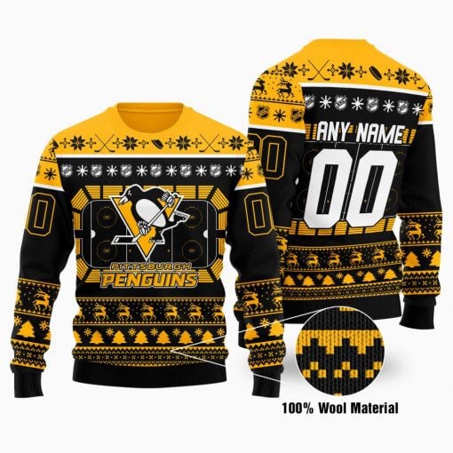 Pittsburgh Penguins Custom Name Number Black Gold Gift For Fan Ugly Wool Sweater Christmas