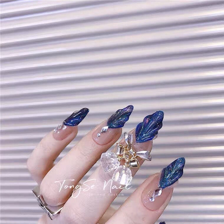 Long Stiletto Dark blue Seashell Nail Art/3D Shell Nails/Mermaid Press on Nails/Summer Nails/Reusable Nails/For Her/Elegant Nails #198