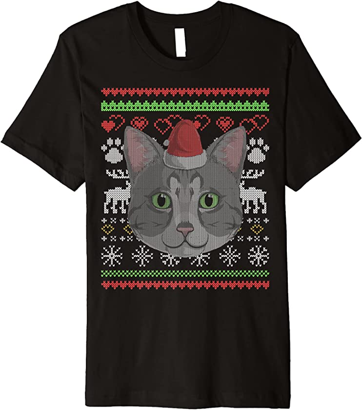 American Shorthair Cat Santa Claus Ugly Christmas Pattern Premium T-Shirt