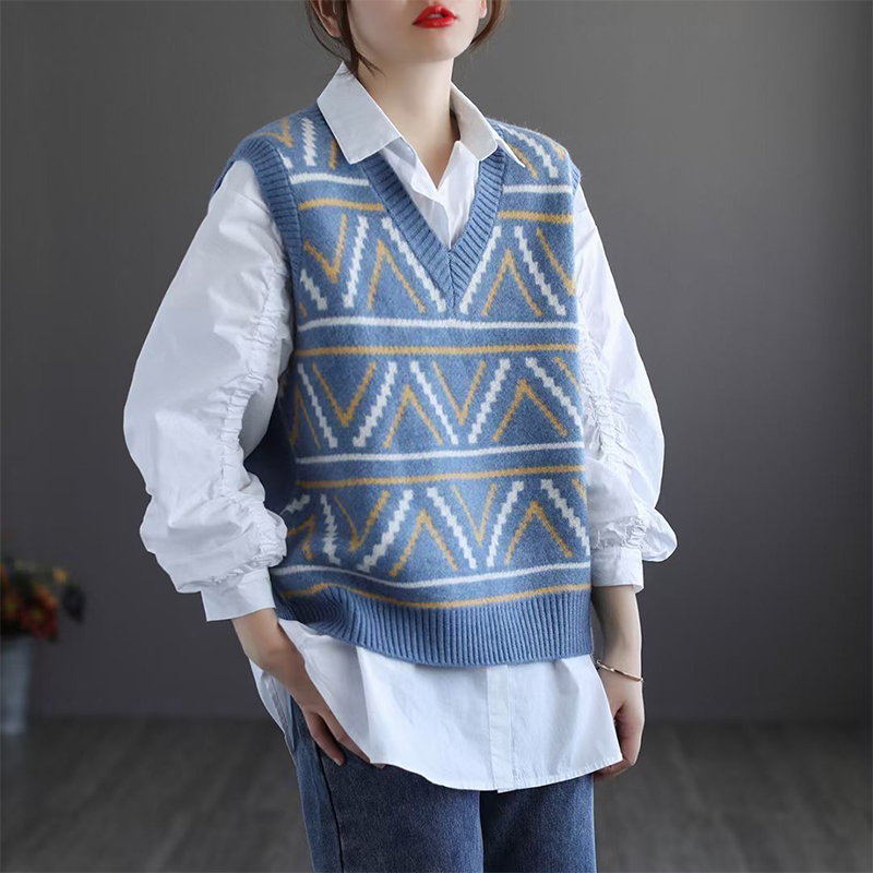 Women Sweater Vest Autumn Plaid V-neck Sleeveless Knitted Vintage Loose Female Sweater Vest Tops alx