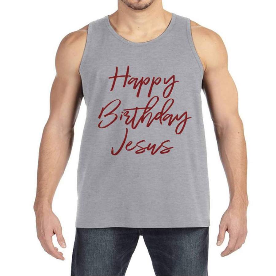 Mens Christmas Shirt - Happy Birthday Jesus Shirt - Christmas Present Idea for Him - Christmas Pajamas - Grey Tank Top - Christmas Gift