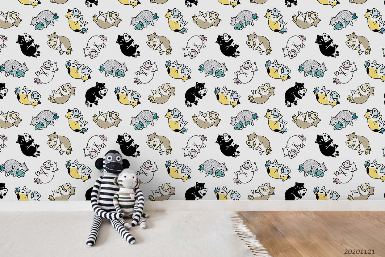 3D Cartoon Animal Cat Fish Wall Mural Wallpaper Lqh 12