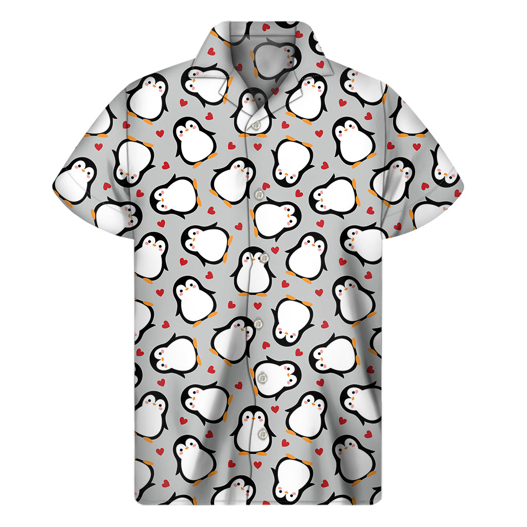 Red Heart And Penguin Pattern Print Men’S Short Sleeve Shirt