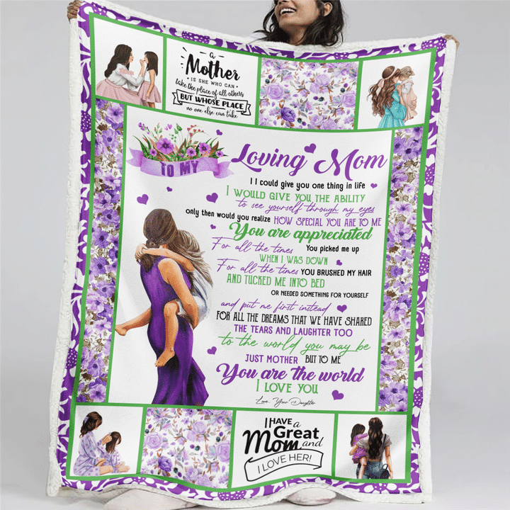 To My Loving Mom You Are The World Purple Flower Blanket Gift For Mom From Daughter Birthday Gift Home Decor Bedding Couch Sofa Soft And Comfy Cozy