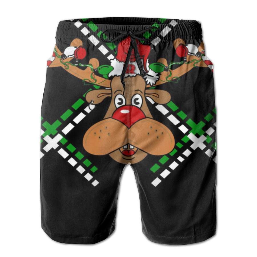 2 Pack Reindeer Ugly Christmas Sweater Horizontal Poster Men Swim Trunks Drawstring Elastic Waist Quick Dry Beach Shorts with Mesh Lining Swimwear Bathing Suits