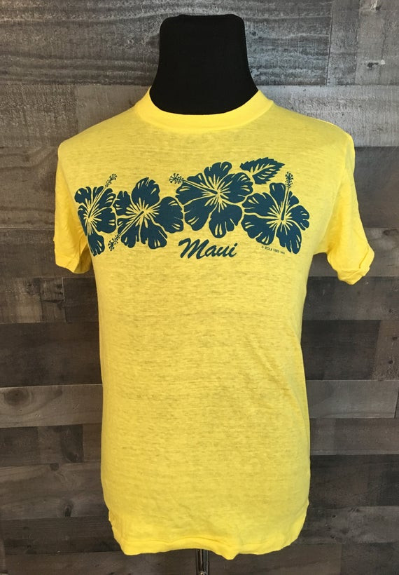 Vintage Maui Hawaii Floral Yellow 1980S Shirt Hawaiin Surfing Surfer Shirt 80S Vintage Clothing Shirt