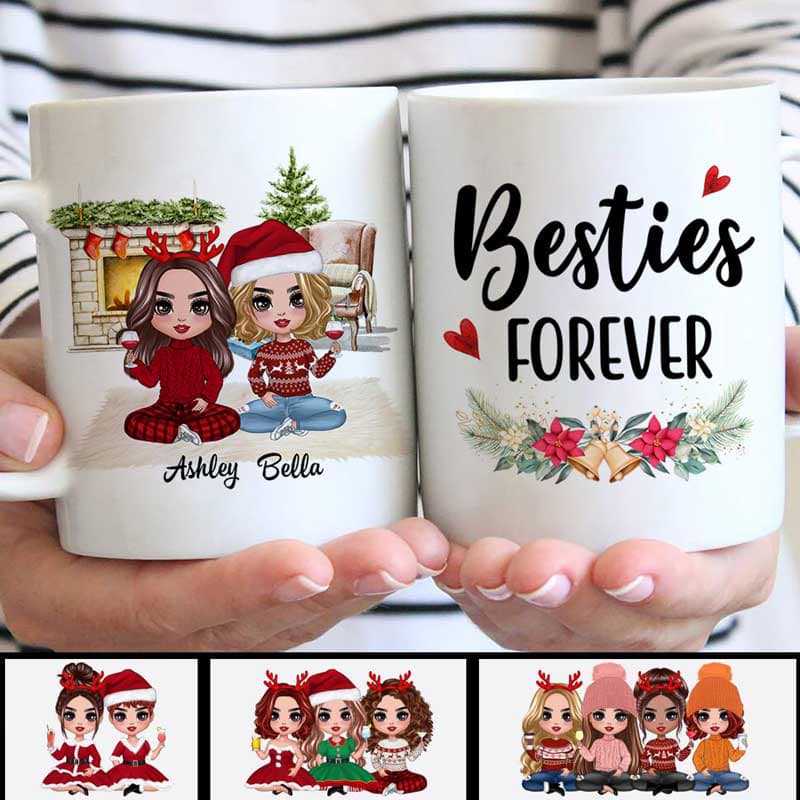 Christmas Doll Besties Sitting Checkered Pants Personalized Mug