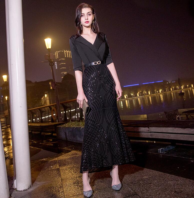 weiyin Luxury Mermaid Long Formal Dress Evening 2021 Evening Gown Women V-Neck Half Sleeves Banquet bodycon Maxi Party Dress alx