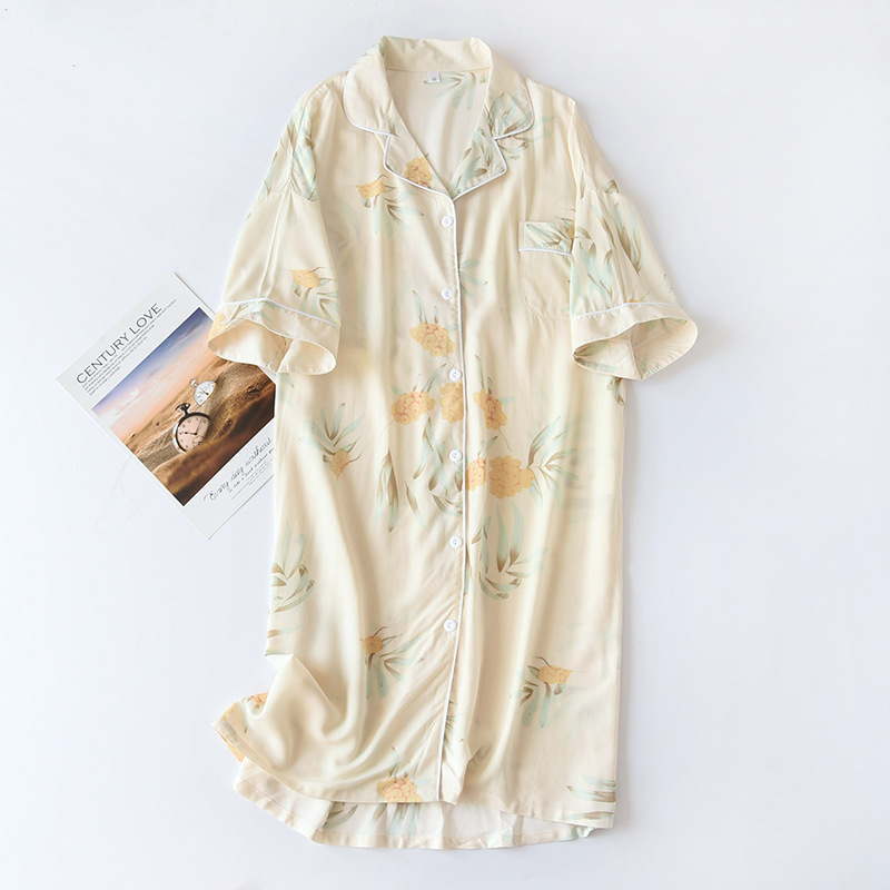 Summer Autumn Casual Nights Women Short Sleeve Flower Nightgown Loose Sleep Shirt 100% Viscose Sleepwear for Women Nightdress alx