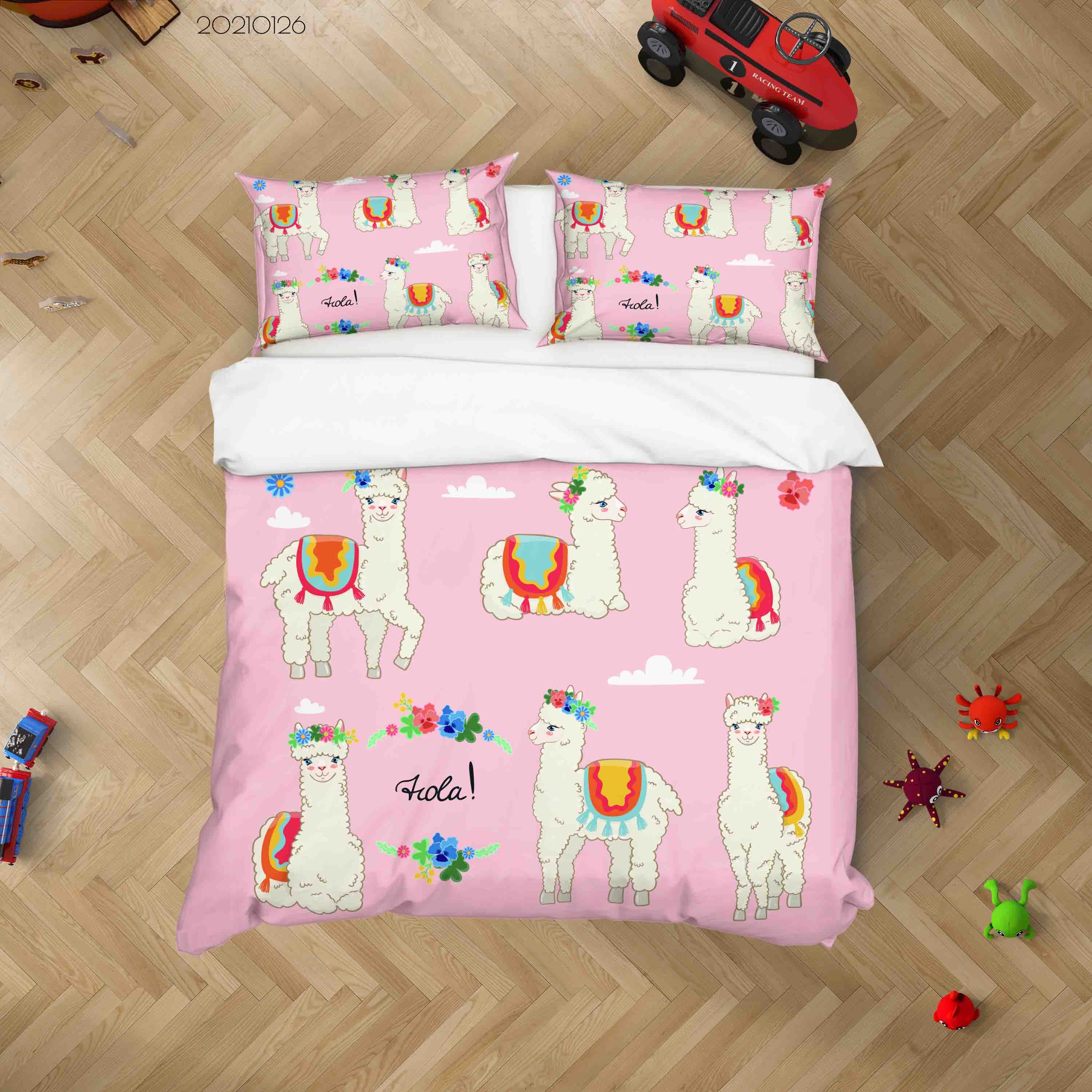 3D Hand Drawn Animal Pink Alpaca Quilt Cover Set Bedding Set Duvet Cover Pillowcases 67