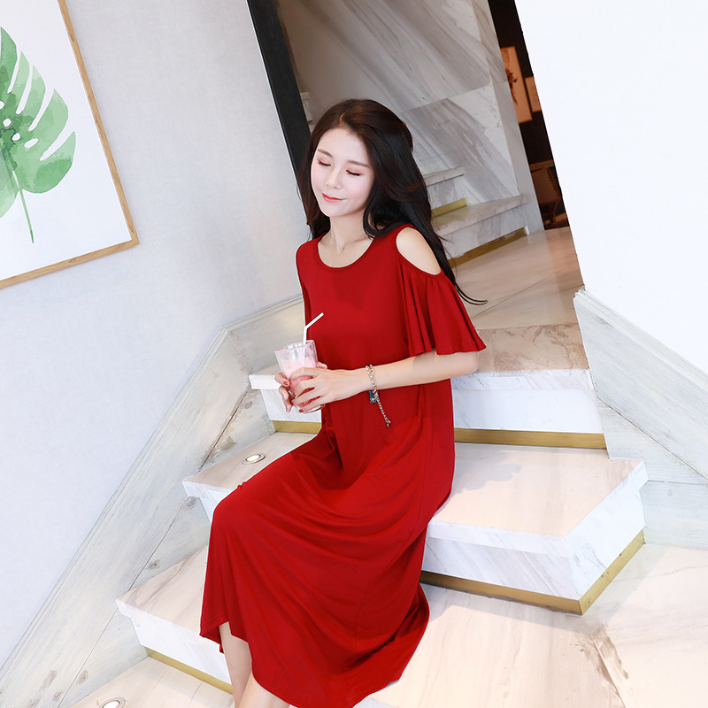 2021 Summer New Plus Size Leaky Shoulder Dress Loose Modal Nightshirt Fat Mm Short-Sleeved Long Nightdress Women Nightgown alx