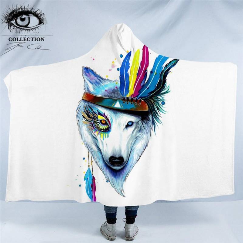 Wolf by Pixie Cold Art Hooded Blanket Watercolor Printed Sherpa Fleece Hippie Animal Wearable Throw Blanket Blue Bedding