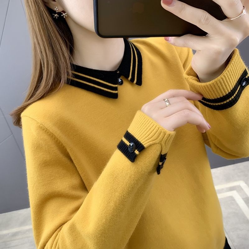 Bottoming Shirt Women’s Lapel Top Large Size Loose All-match Doll Collar Knit Sweater Female Pullover All-match Sweater Autumn alx