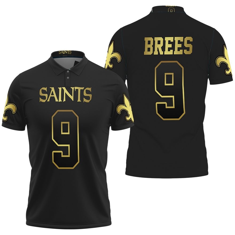 New Orleans Saints 9 Drew Brees Black Golden Edition Jersey Inspired Polo Shirt