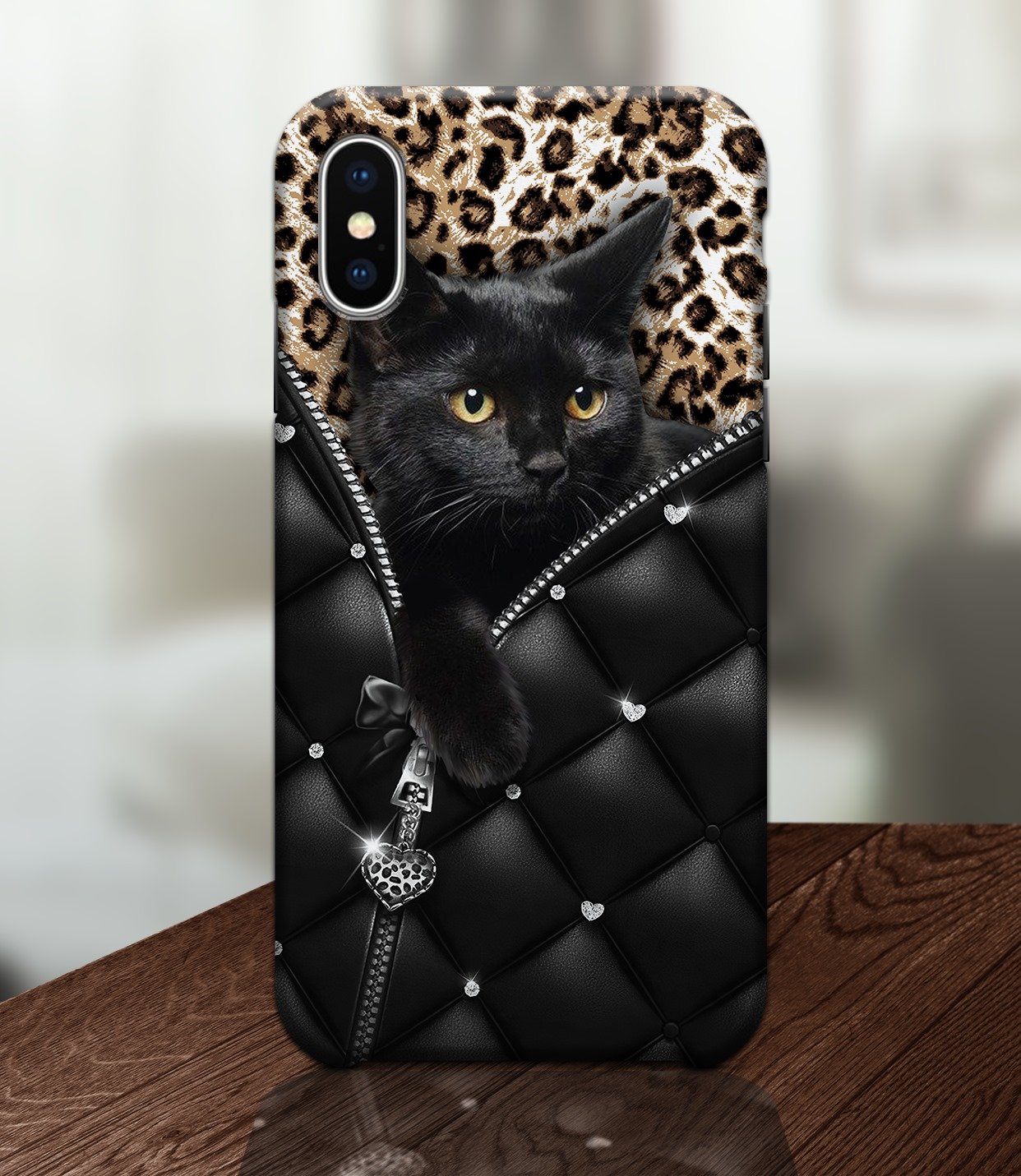 Black Cat Leopard Zipper Silicone Phone Case