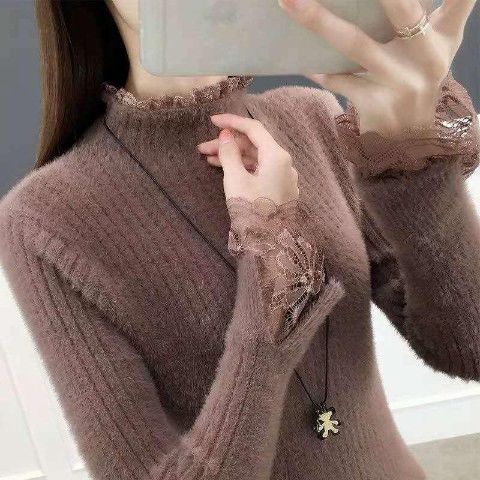 Woman Sweaters Chandails Women’s Sweater Winter Half-High Collar Lace Stitching Western Style Inner Wear Skinny Knit alx