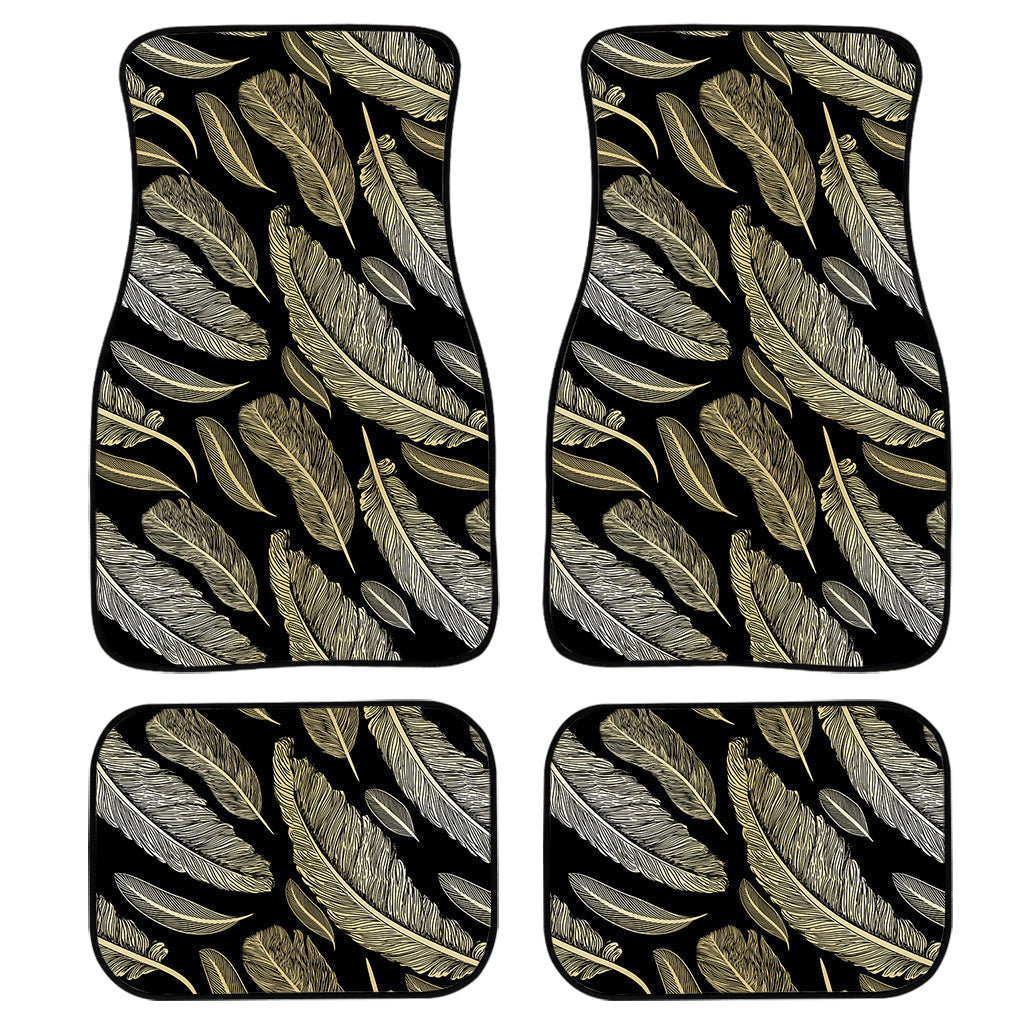 Gold And Black Feather Pattern Print Front And Back Car Floor Mats, Front Car Mat