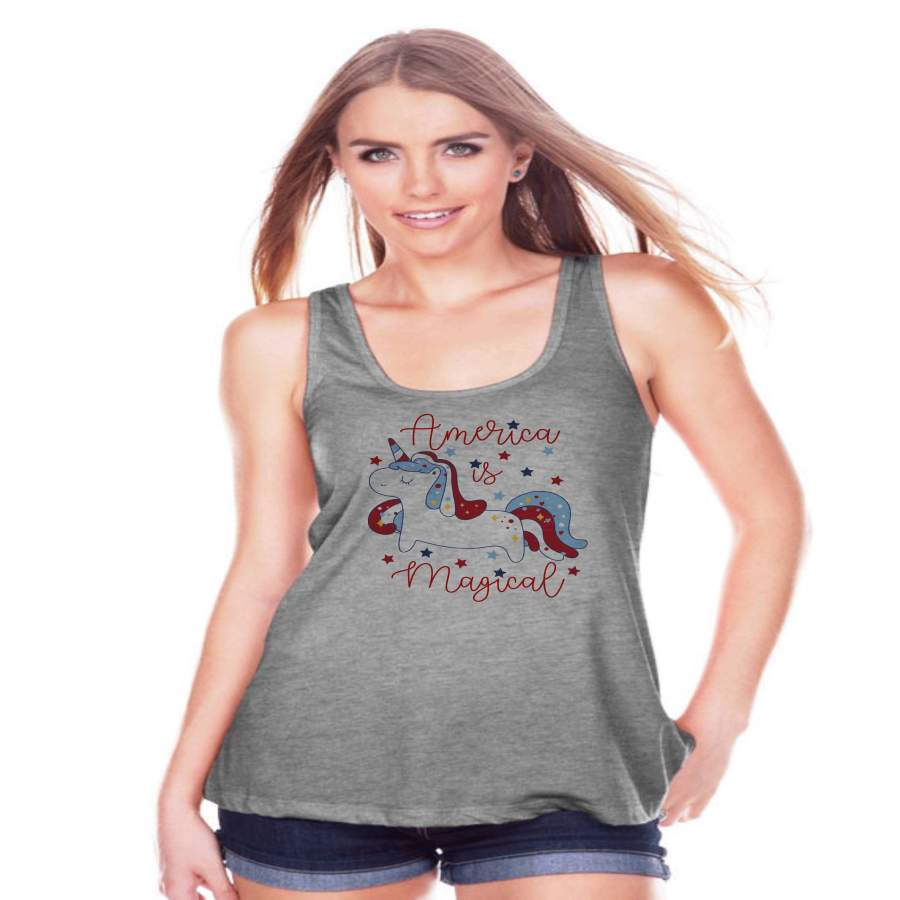 Women’s Unicorn Shirt – America is Magical – 4th of July Shirt – Unicorn Tank – Womens Grey Tank Top – Patriotic Unicorn – Gift for Her