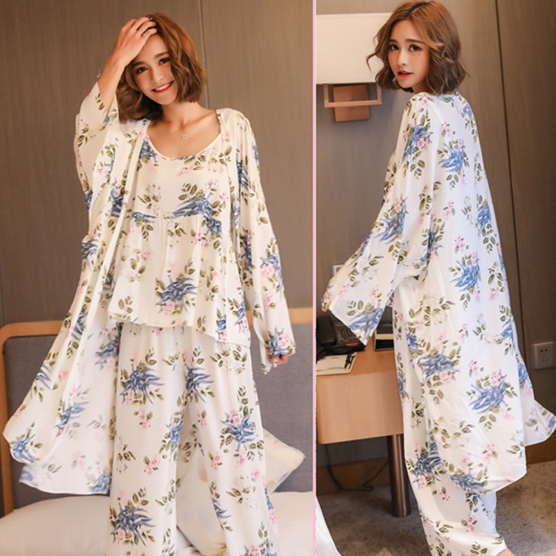 Women Lounge 3 Piece Pajama Set Floral Printed Sleepwear Autumn Women’s Clothing Sling Top Pants Long Robe Woman Sleep Wear Sets alx