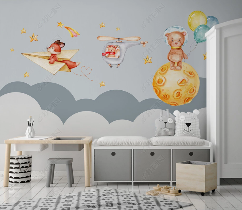 3D Cartoon Animal Hot Air Balloon Planet Wall Mural Wallpaper Lqh 39