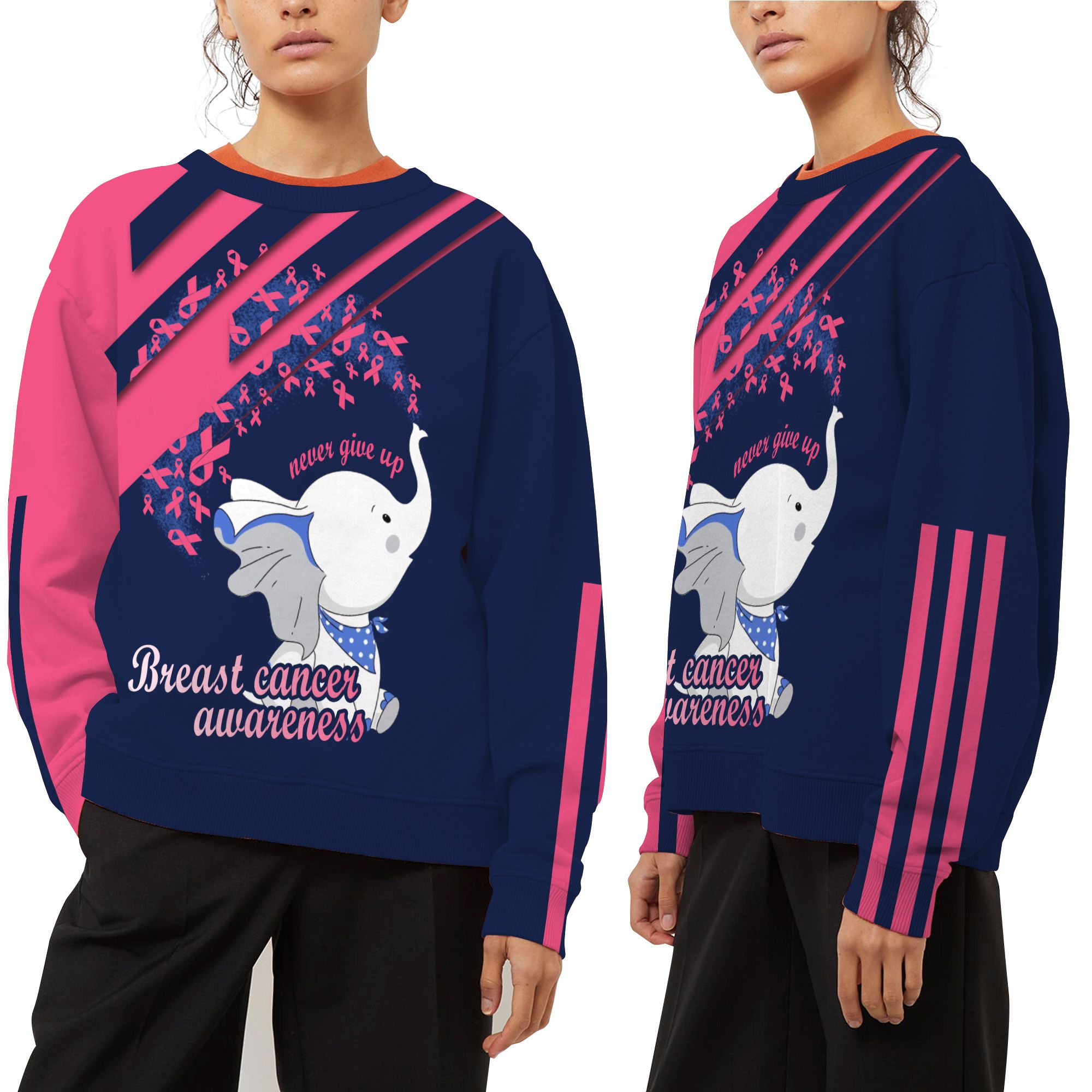 Never Give Up Little Elephant Pink Ribbons 3D Long Sleeve Shirt For Women With Breast Cancer