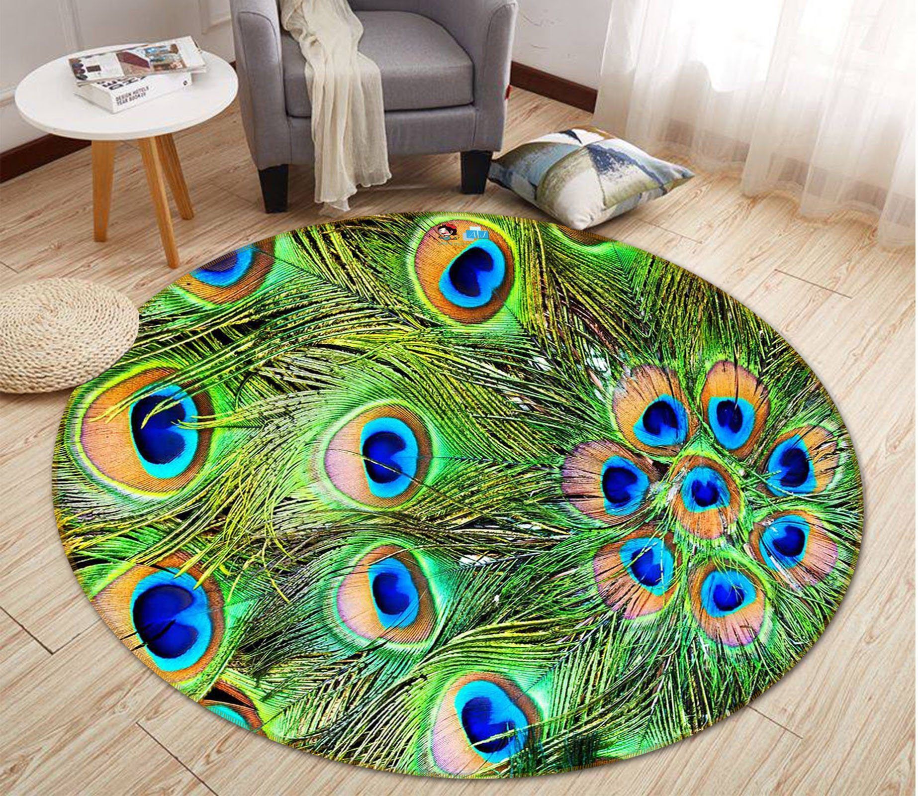 3d Bright Peacock Feathers 1 Round Rug Home Decor