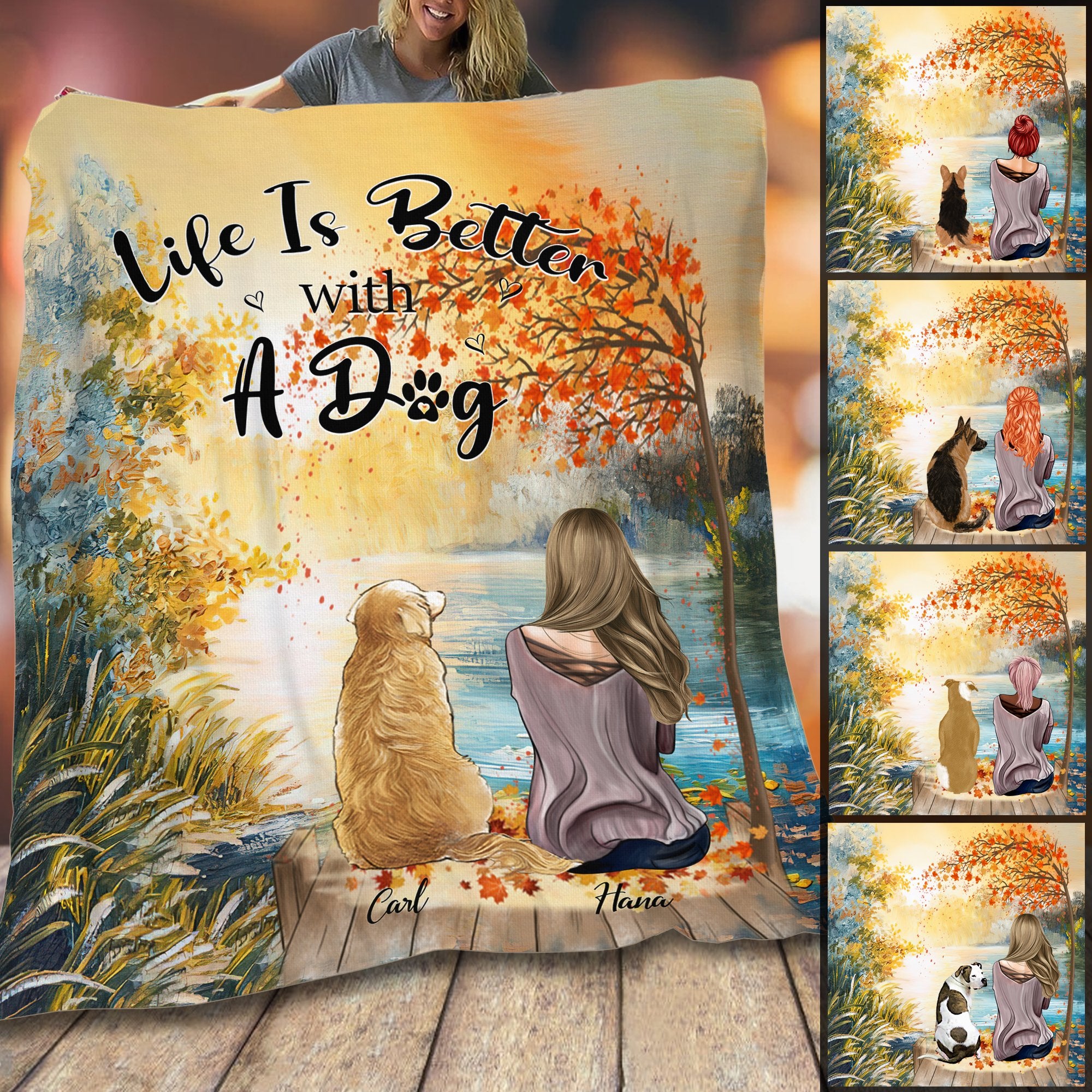 Customized Life Is Better With Dog Fall Aumntum Gil With Puppy Lover Gift Fleece Blanket Dog Lovers