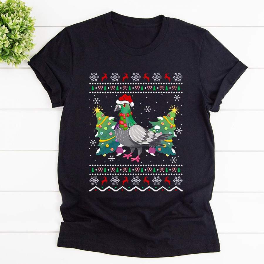 Christmas pigeon bird santa hat xmas tree candy cane black cotton t shirt for men and women S-6XL