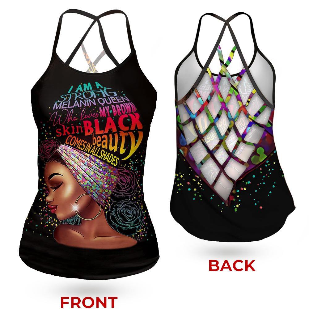 I Am Strong Melanin Queen Criss-Cross Open Back Tank Top