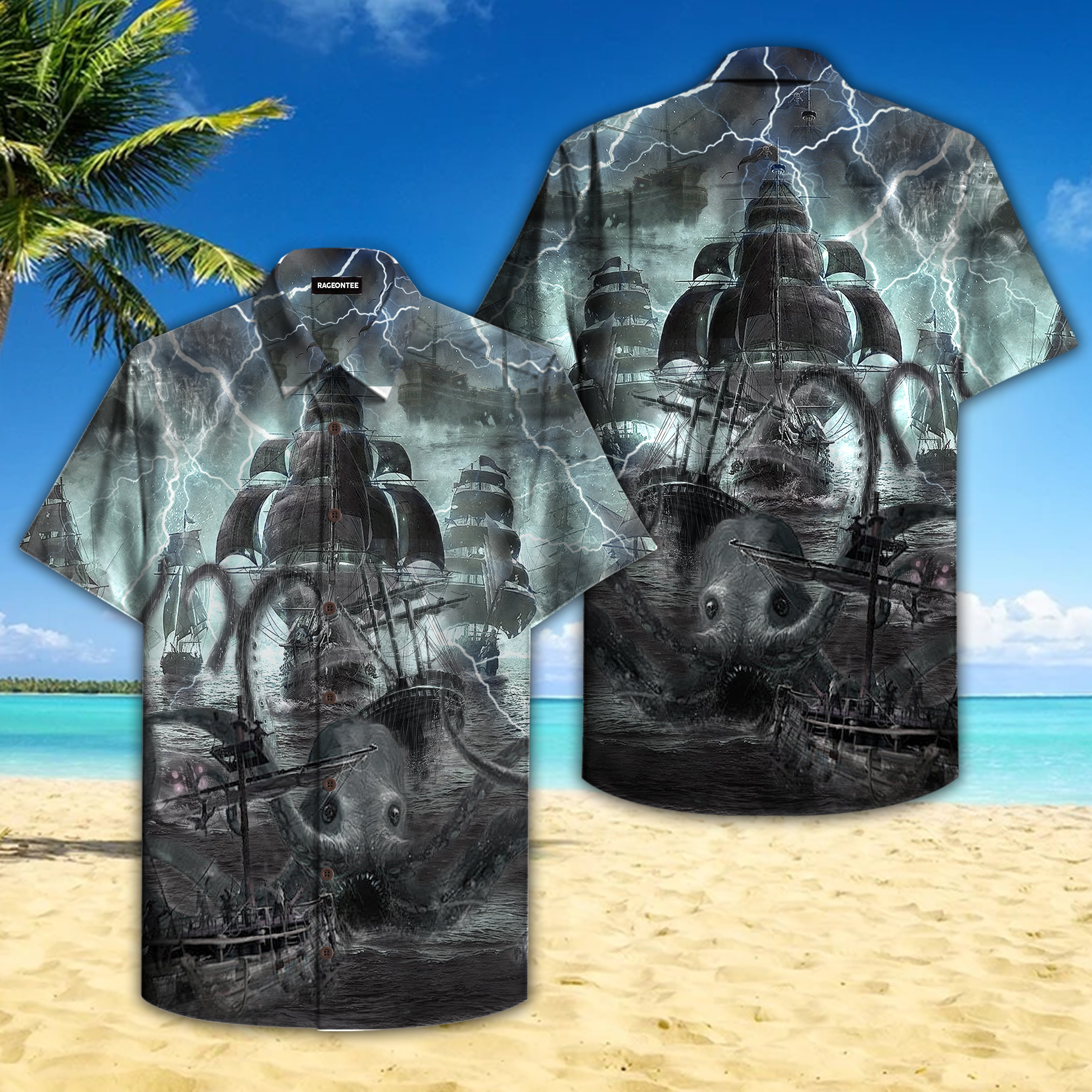 Sea Monster Attached Pirate Ship Hawaii Shirt Ha760