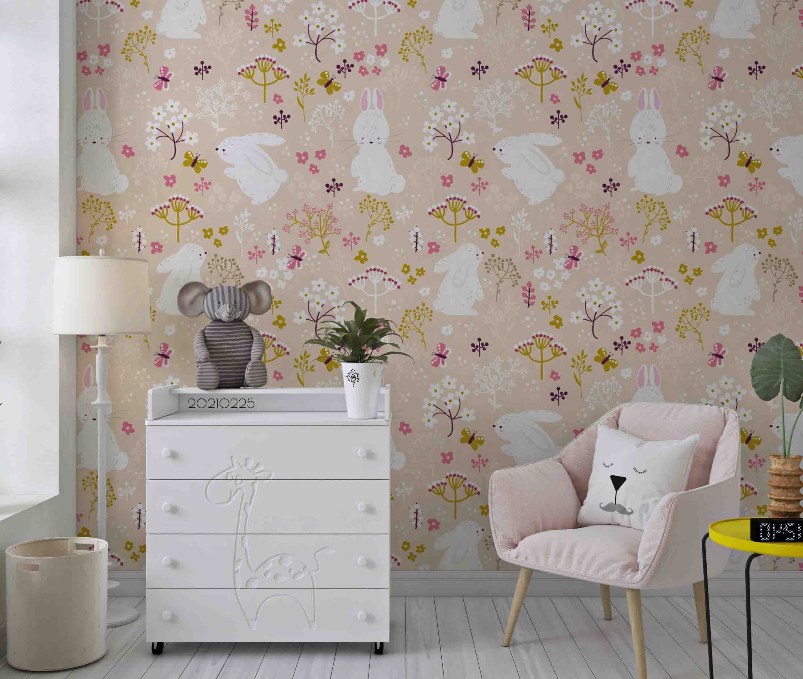 3D Cartoon Floral Animal Bunny Wall Mural Wallpaper Lqh 238