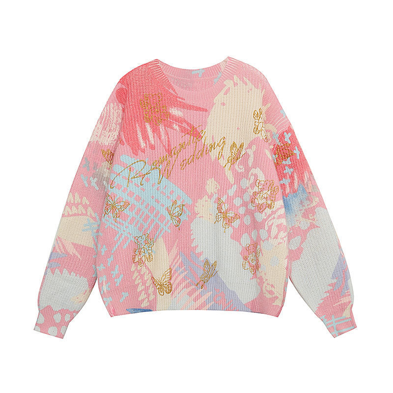 TAVARES Pullover Sweaters Spring Fall Clothes Women Oversized Tops Tie Dye Cartoon Knitted Sweater Harajuku Japanese Streetwear alx