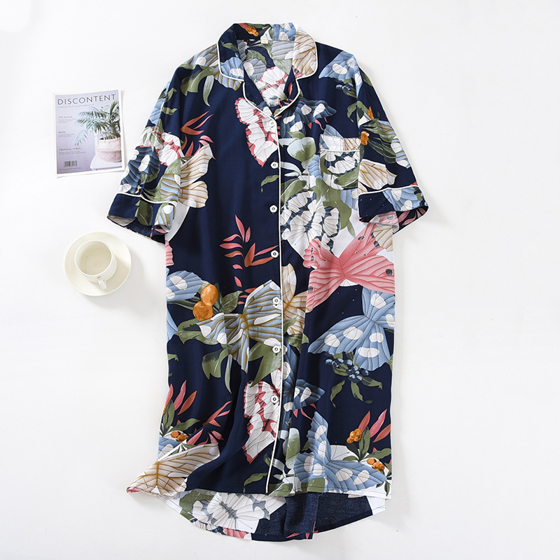 Artificial Cotton Short-sleeved Floral Night Dress Women Summer Thin Viscose Shirt Pajama Dress Loose One Size Women Sleepshirts alx