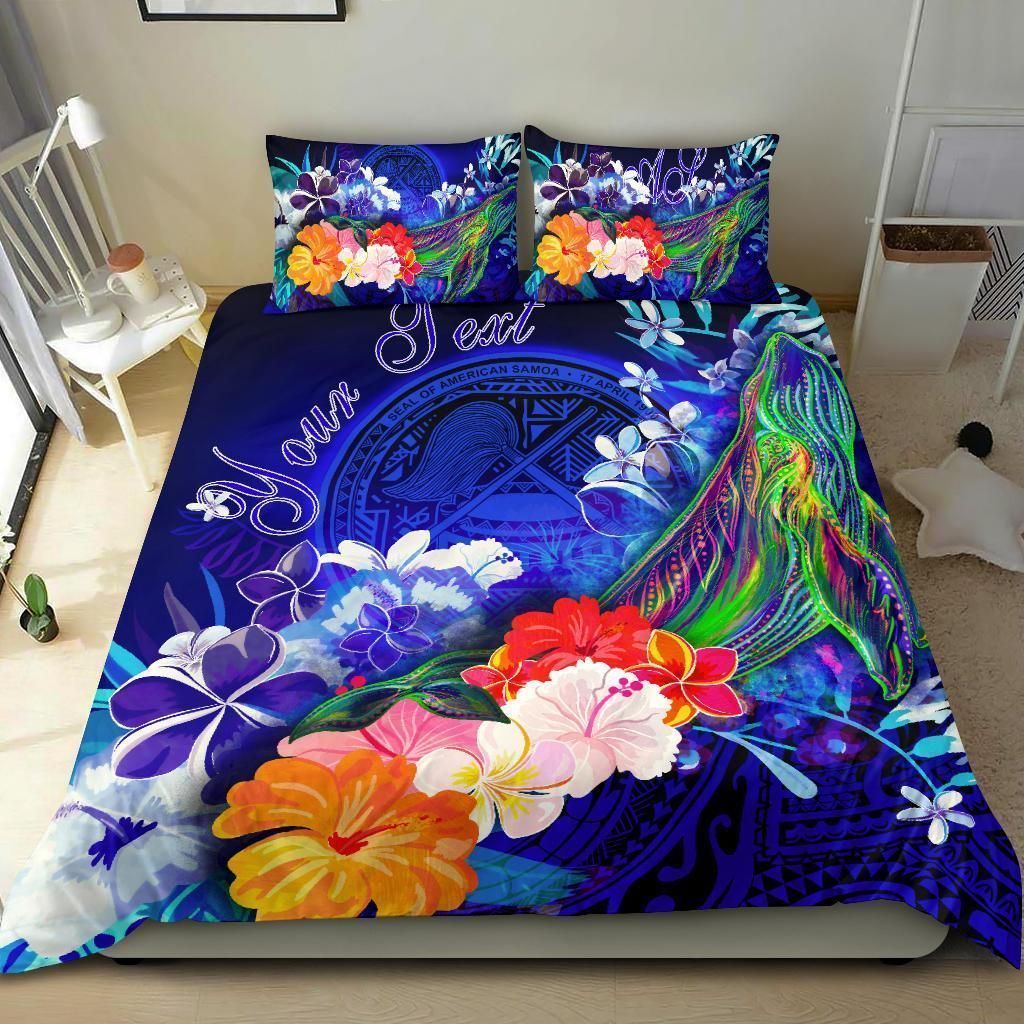 Alohawaii Bedding Set – Cover And Pillow Cases American Samoa Polynesian Custom Personalised – Humpback Whale With Tropical Flowers (Blue) – Bn18