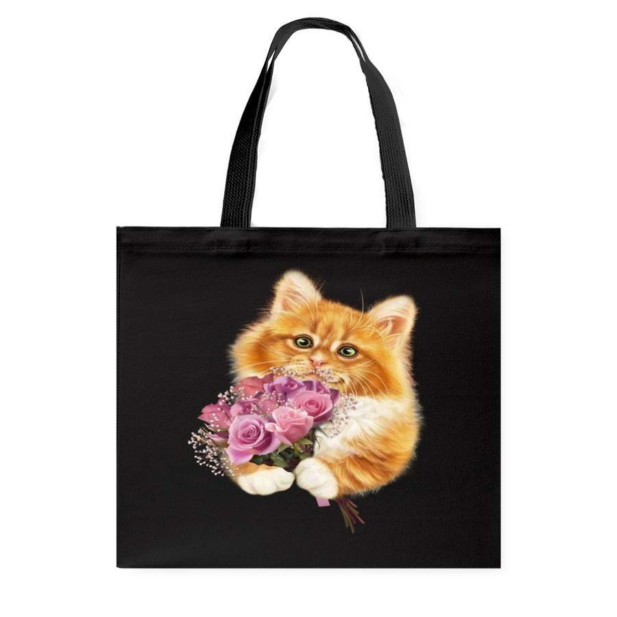 Cute Kitten With Roses T-Shirt Basketweave Tote Bag