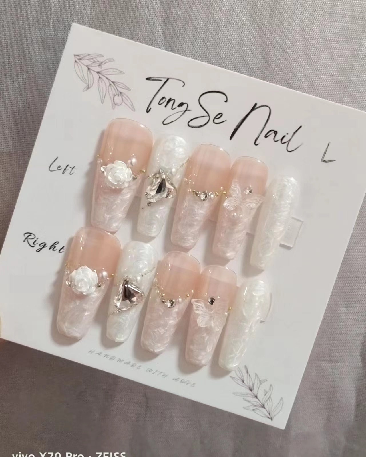 Pearlescent shell butterfly camellia  Press On Nails/ Ivory Elegant Press on Nails/Princess Nails/ Wedding Nails #193