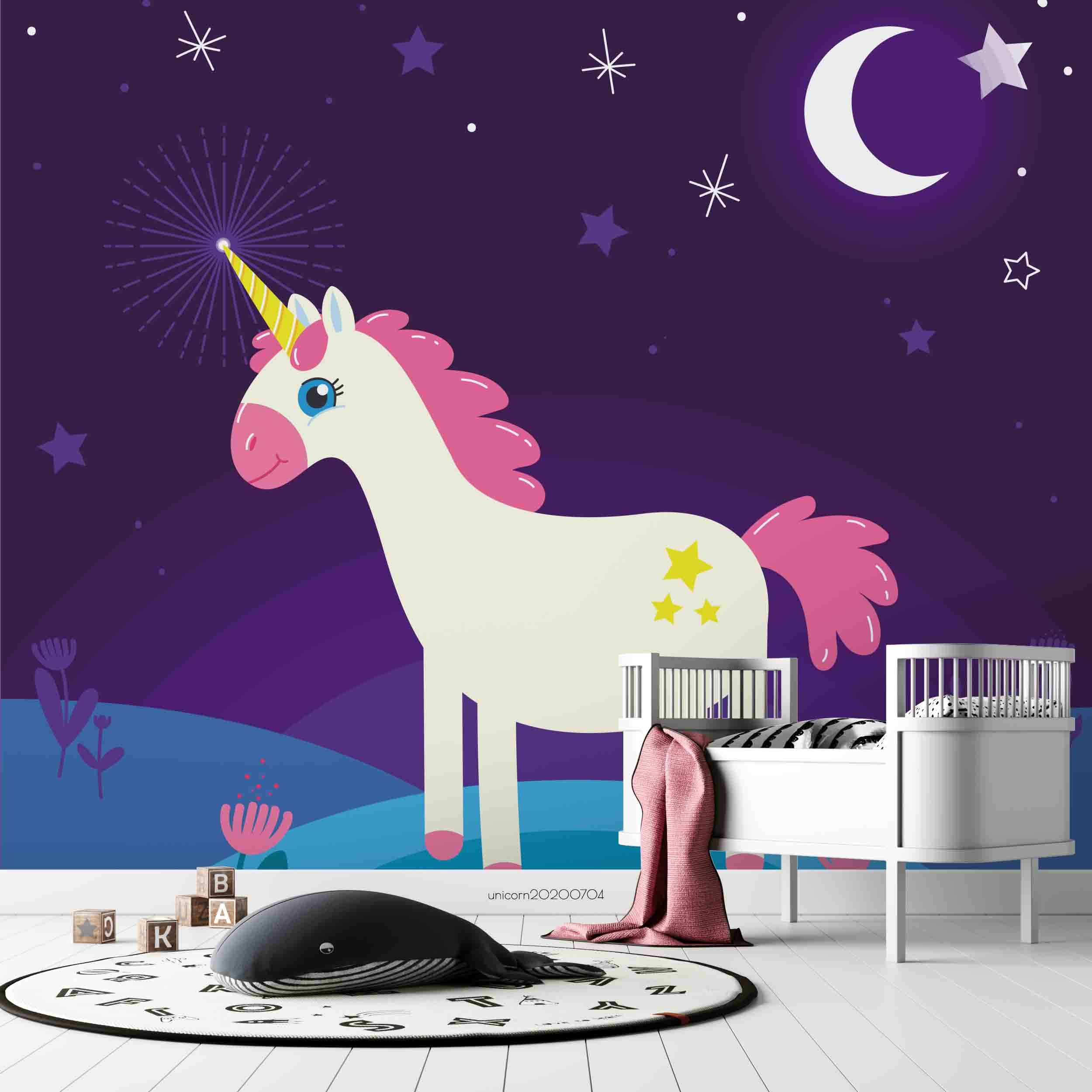 3D Cartoon Moonlight Unicorn Wall Mural Wallpaper Lxl 179