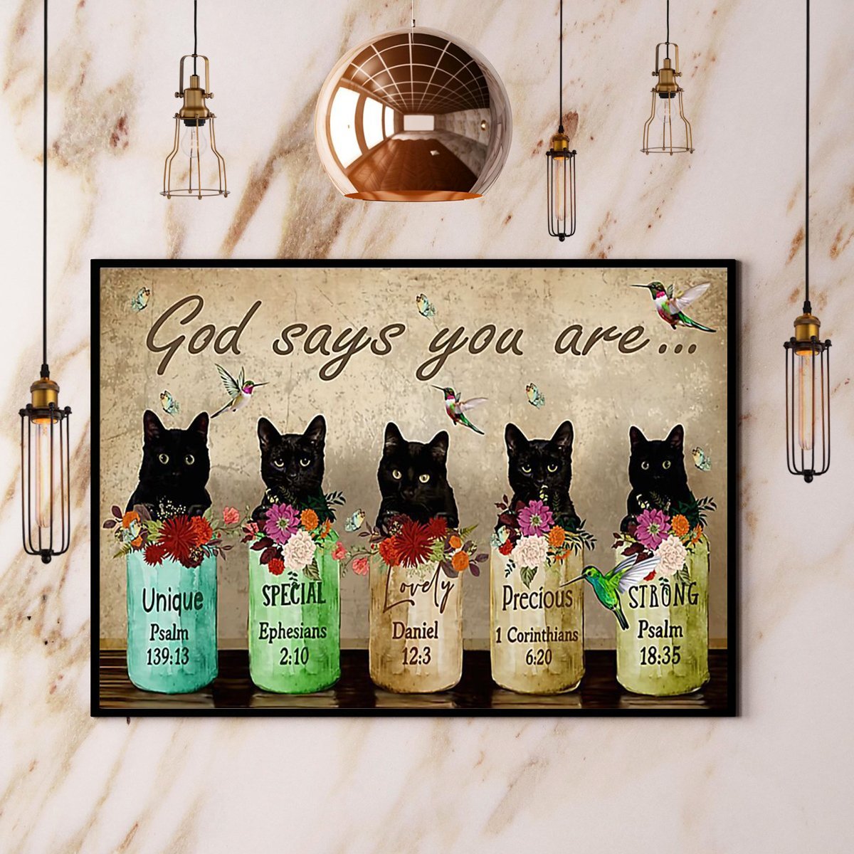 Black Cat God Say You Are Unique Special Lovely Hummingbird Vintage  Poster No Frame Matte Canvas