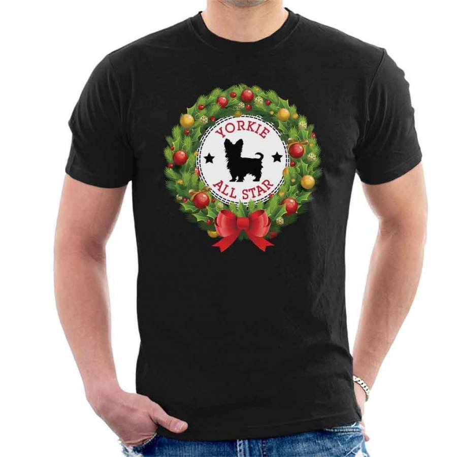 Yorkshire Terrier All Star Christmas Wreath Men’s T-Shirt