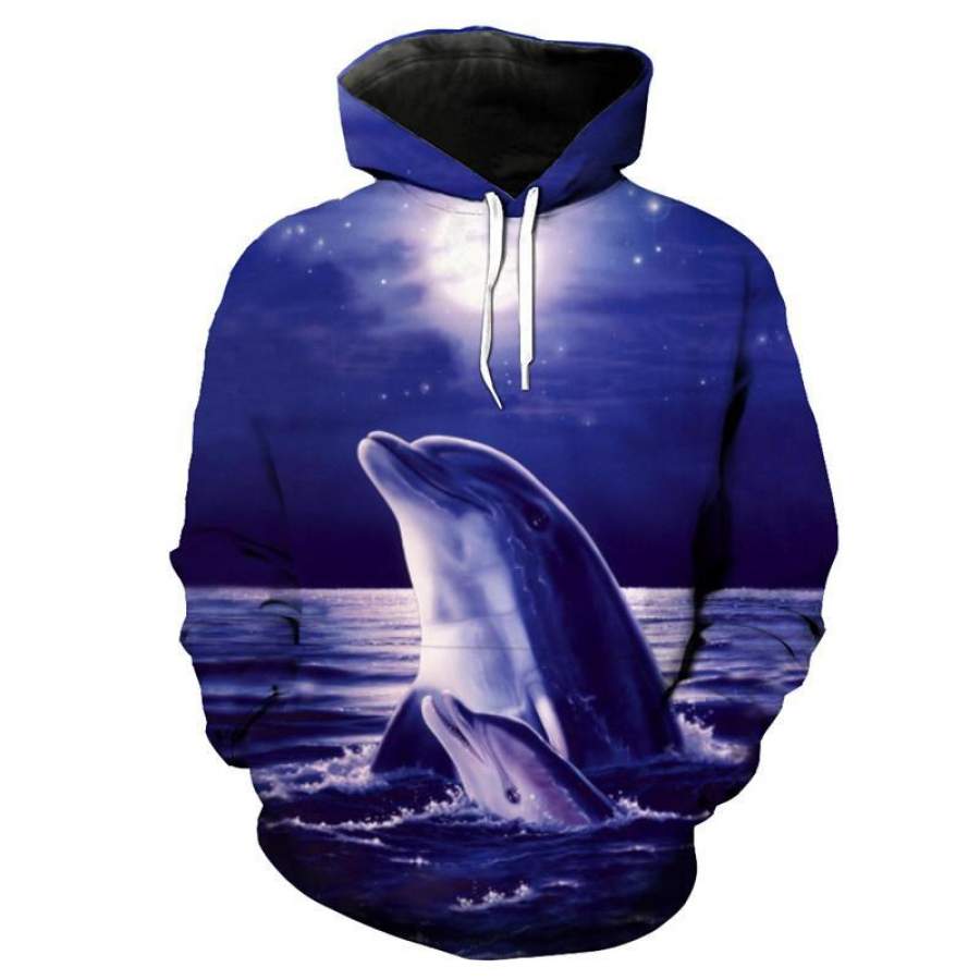 Cute Parent-child Dolphin Print Hooded Sweatshirt Sportswear Pullovers