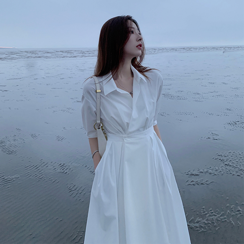 Vintage Solid Shirt Dress Korean Turn Down Collar Work Maxi Dresses for Women White Loose Casual Long Woman Dress Autumn 2021 alx