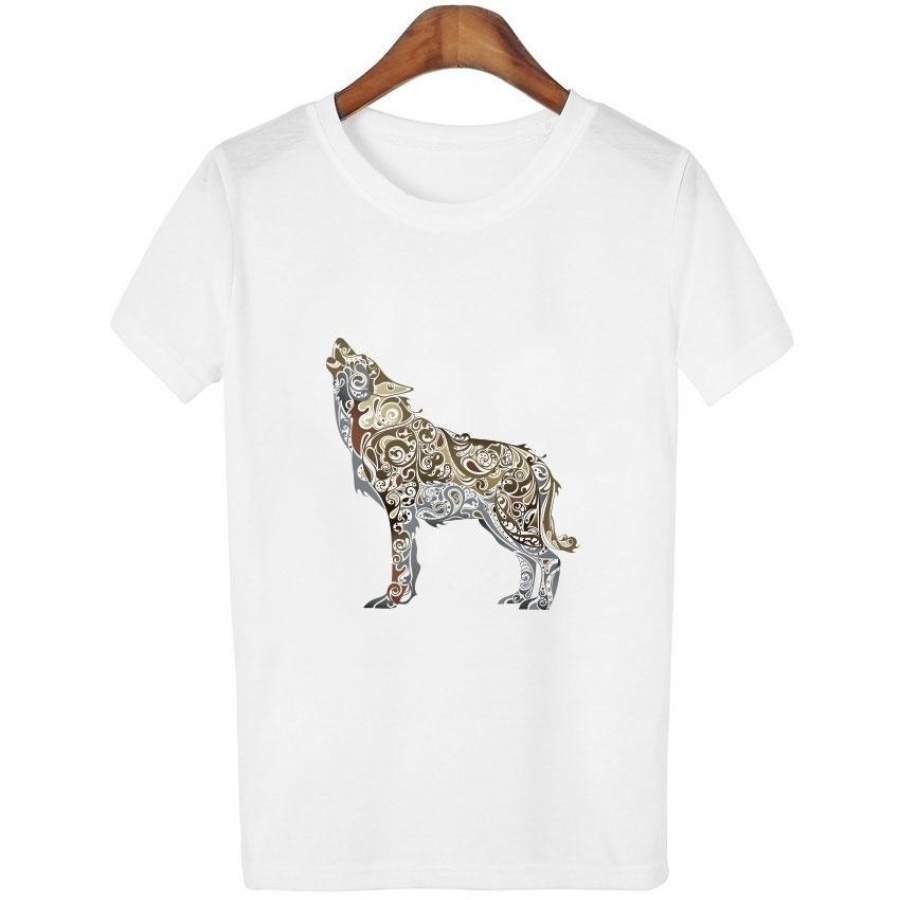 Women’S Fashion Wolf Print T-Shirt Women Round Neck Short Sleeve Cotton T Shirt Casual T-Shirt