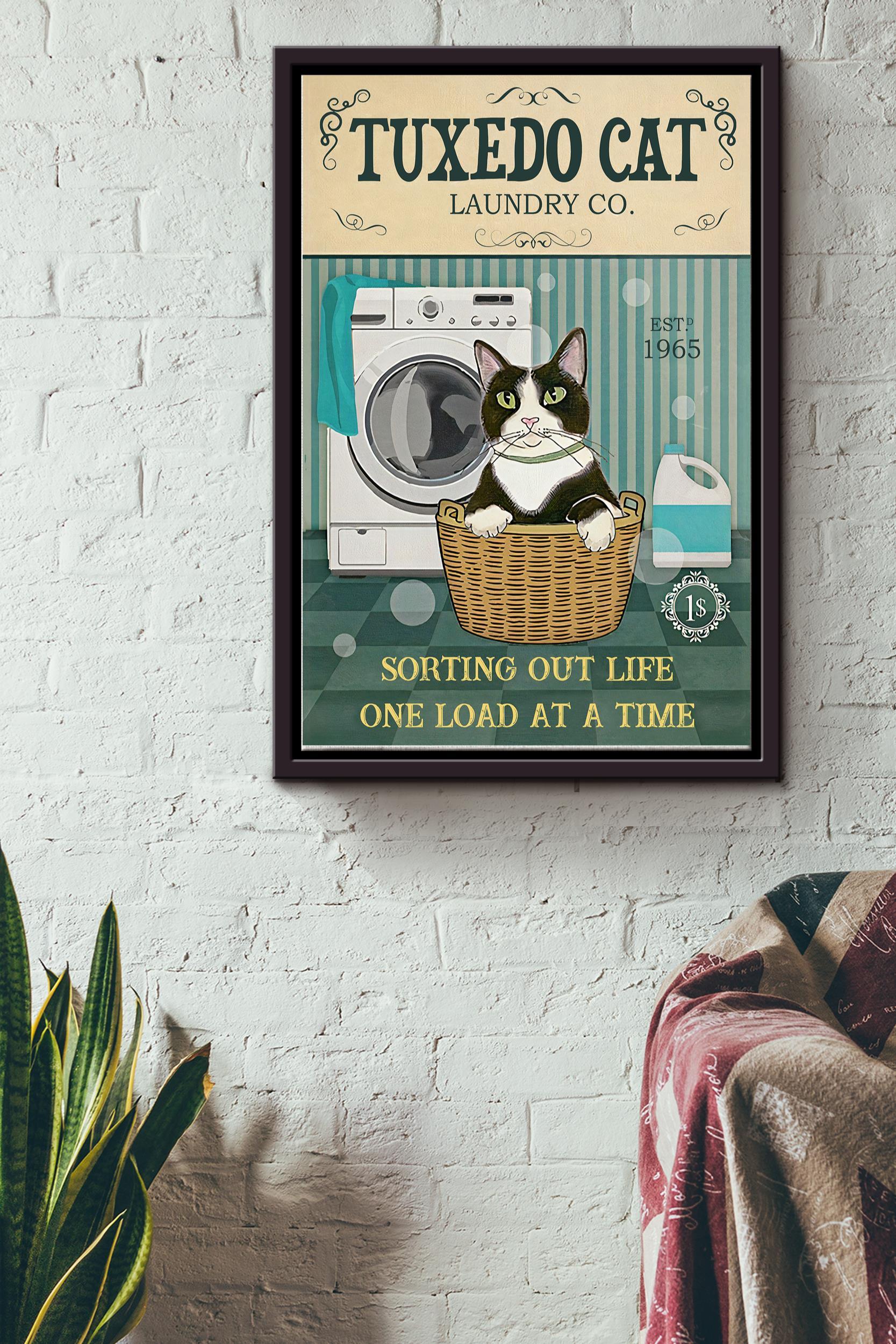 Tuxedo Cat Laundry Co. Poster – Animal Wall Art – Gift For Cat Lover, Bathroom Decor, Cat Foster, Home Decor Framed Matte Canvas