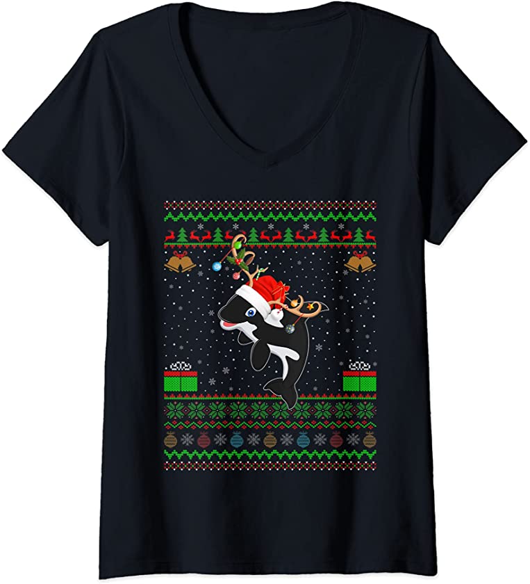 Womens Xmas Lighting Santa Hat Ugly Orca Killer Whale Christmas V-Neck T-Shirt