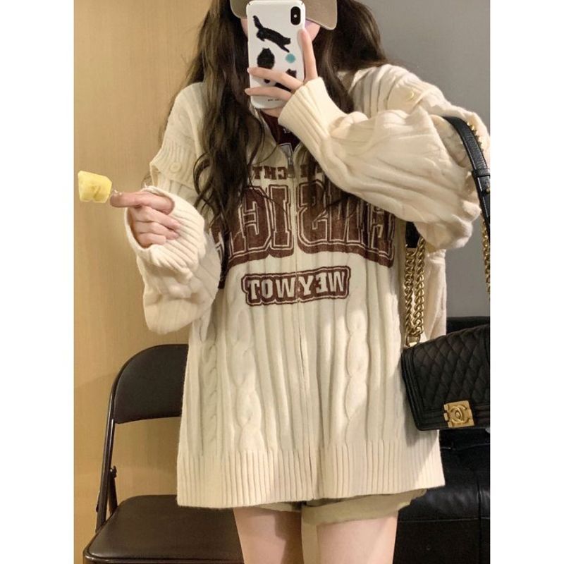 Vintage Loose Lazy Style Long Sleeve Sweater 2022 Women Autunm Popularity Zipper Square Neck All-match Lovers Knitted Cardigan alx