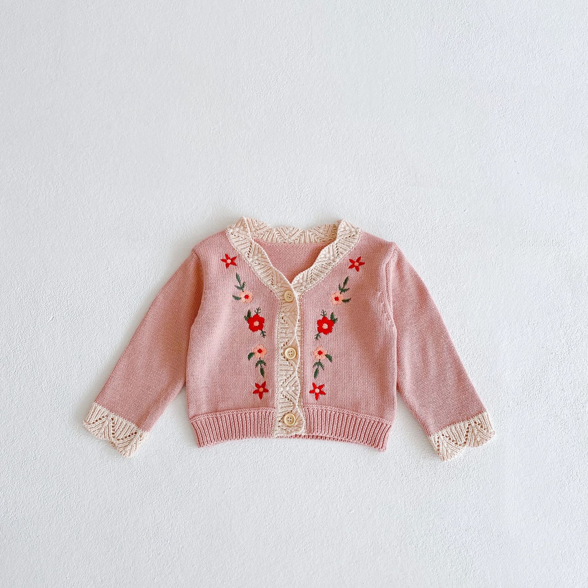 2022 Wholesale Autumn all-match infant girl baby coat flower embroidered knitted sweater cardigan long sleeve coat alx